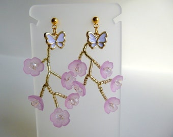Butterfly and Cherry Blossom Dangle Stud Earrings, Sakura Cherry Blossom Post Earrings, Lilac and Gold Butterfly Drop Earrings, E908