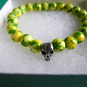 Pot Leaf Beaded Bracelet with Stainless Steel Skull, B263