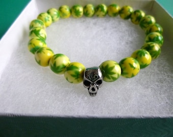 Pot Leaf Beaded Bracelet with Stainless Steel Skull, B263
