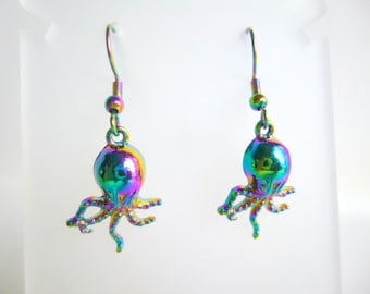 Rainbow Octopus Dangle Earrings: Hypoallergenic Alloy, E373