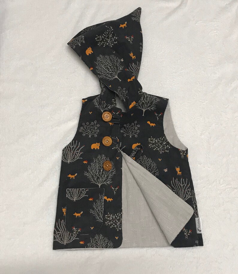 ready to post Pixie Hooded Vest size 4yrs woodland print corduroy