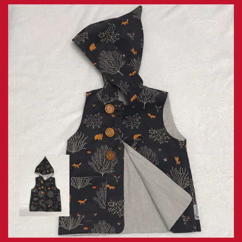 ready to post Pixie Hooded Vest size 4yrs woodland print corduroy