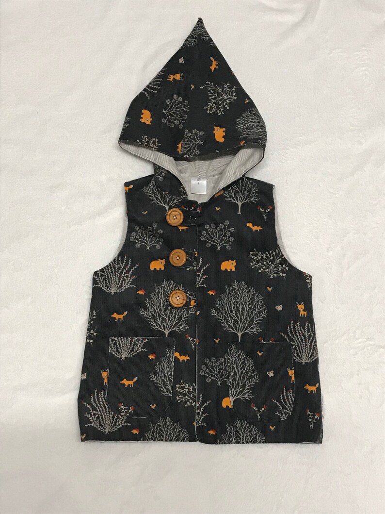 ready to post Pixie Hooded Vest size 4yrs woodland print corduroy