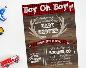 Coed Baby Shower Invitation, Baby Boy Shower Invitation, Twin Boys, Printable, Woodland, Buffalo Plaid, Lumberjack invite