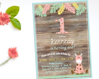 Pink Giraffe Birthday Invitations, First Birthday Invitation Girl, 1st Birthday Invitation Girl, Jungle Theme Birthday, Wild One Invite