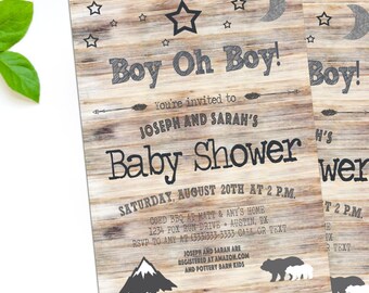 Rustic Baby Shower Invitations with Bear and Mountain Embellishments - Customized Digital File