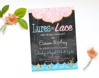Lures or Lace Gender Reveal Celebration, coed baby shower invitation, Gender Reveal Party, baby shower invitation, chalkboard digital