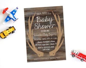 Baby Shower Invitation for Boy, Hunting theme, Rustic Antler, Shop Owner Customizes for Free, Printable or Print Orders