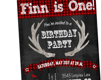First Birthday Invitation, Deer Invitation, Birthday Party Ideas, Boy Birthday Invites, Woodland Party, Lumberjack Ideas, Rustic, Red Plaid