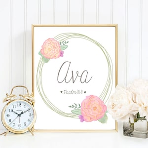 Lámina para guardería de niña, regalo para el primer cumpleaños, estilo shabby chic, arte de pared con las Sagradas Escrituras, versículo bíblico, letrero con nombre floral, significado del nombre, definición