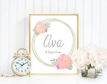 Baby Girl Nursery Print, First Birthday Gift, Shabby Chic, Scripture Wall Art, Bible Verse, Floral Name Sign Decor, Name Meaning, Definition