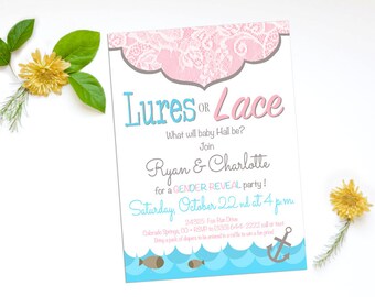 Lures or Lace, Gender Reveal Ideas, Coed Baby Shower Invitation, Gender Reveal Party Invitations, Neutral Baby Shower, Baby Sprinkle Invites