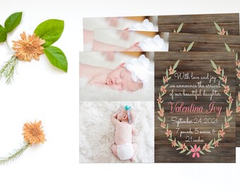 Baby Girl Birth Announcement, Girl Birth Announcement, Baby Announcement Card, Twin Girl Birth Announcement Photo Card, Floral Birth Card