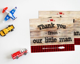 Thank You Cards, Sets of 12, Baby Boy Shower Thank You Notes, Woodland, Lumberjack Birthday Party Thank You Card, Arrow, Rustic, Chalkboard