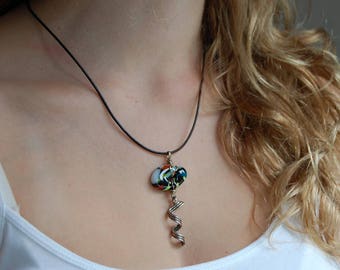 Black Boho Necklace, Black Pendant, Wire Wrapped Pendant, Funky Jewelry, Boho Jewelry