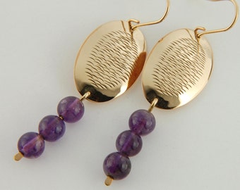 Amethyst Earrings Textured Earrings Gold Artisan Earrings Gold Hammered Earrings Amethyst Jewelry