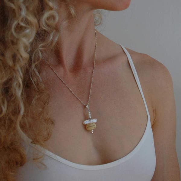Artisan Necklace Silver Necklace with Pearl, Artisan Jewelry Gifts for Her, Yellow Necklace