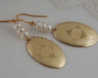 Gold Earrings with Pearl, Boho Earrings Gold Hammered Earrings, Large Gold Earrings for Women