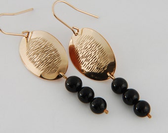 Artisan Earrings, Hammered Earrings Gold Drop Earrings, Black Onyx Earrings, Textured Earrings Gold Artisan Jewelry