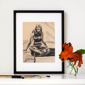 Charcoal Drawing, Giclee, Print, Young Woman Sitting on Floor, Charcoal Sketch, Vintage, 1970s, Gallery Wall, 8" X 10" - "Art Student"