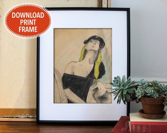 Printable Pastel Drawing, Woman, Digital Download, Boho Decor, Gallery Wall, Affordable, Art, Eclectic, Sketch, Girl Wearing Beret, DIY