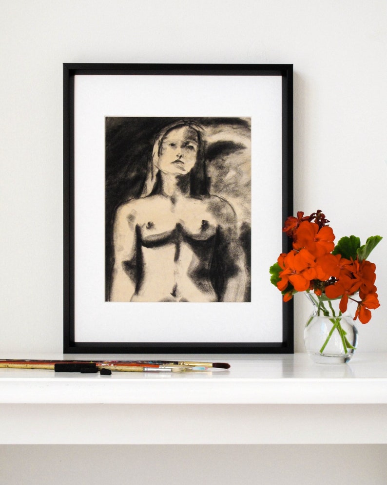 Charcoal Figure Drawing, Giclee Print, Female Nude, Original Drawing, Vintage, Life Drawing, Strong Woman, Chiaroscuro, 8 X 10 Diana image 1