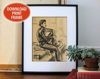 Printable Art, Charcoal Drawing, Digital Download, Vintage Decor, Gallery Wall, Eclectic, Sketch, Young African American Man, 1970s Style