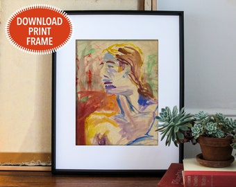 Printable Painting, Young Man, Hippie, Digital Download, Boho Decor, Gallery Wall, DIY, Tempura Painting, Eclectic, Colorful, Sketch, Quick