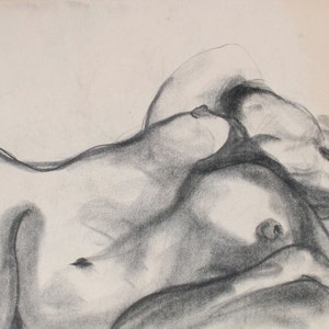 Female Nude, Figure Drawing, Giclee Print, Charcoal, Vintage, Sexy, Reclining Woman, Original, Life Drawing, Boho, 10 X 8 Sensual Nude image 1