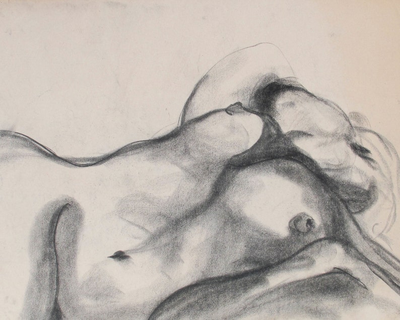 Female Nude, Figure Drawing, Giclee Print, Charcoal, Vintage, Sexy, Reclining Woman, Original, Life Drawing, Boho, 10 X 8 Sensual Nude image 1