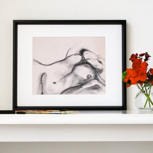 Female Nude, Figure Drawing, Giclee Print, Charcoal, Vintage, Sexy, Reclining Woman, Original, Life Drawing, Boho, 10 X 8 Sensual Nude image 2