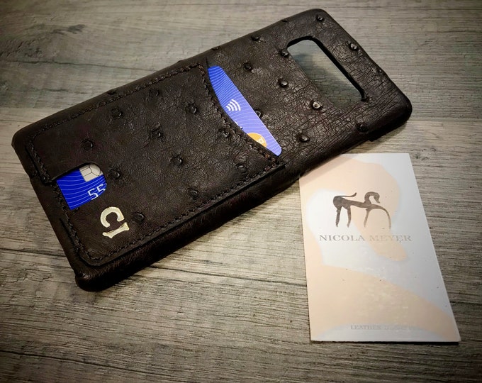 Genuine Ostrich leather case monogrammed iPhones X/8/7/6s/Se/5s or Galaxy Note8/S8/S7 1 card slot up to 3 cards choose Device and Color