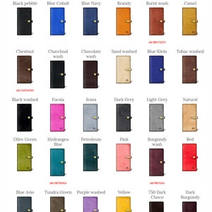 May include: A color reference chart for leather goods, showing different colors and finishes of leather. The chart includes names like "Ocean Blue", "3330 Green", "5303 Washed", "Sage Green", "Black Pebble", "Blue Cobalt", "Blue Navy", "Brandy", "Burnt Wash", "Camel", "Chestnut", "Charcoal Wash", "Chocolate Wash", "Sand Washed", "Blue Klein", "Tobac Washed", "Black Washed", "Fucsia", "Jeans", "Dark Grey", "Light Grey", "Natural", "Olive Green", "Hydrangea Blue", "Petroleum", "Pink", "Burgundy Wash", "Red", "Blue Avio", "Tundra Green", "Purple Washed", "Yellow", "750 Dark Choco", "Dark Burgundy", "Meringue", "Natural Smooth", "303 Smooth", "304 Smooth", "Cacao Smooth", "Red Smooth", "Campari", "Olive Green Smooth", "790 Smooth", "Black Smooth", "White Horse Smooth".