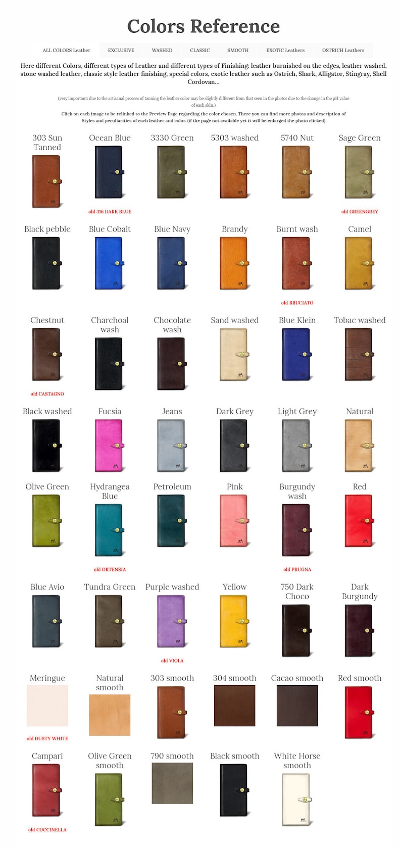 May include: A color reference chart for leather goods, showing different colors and finishes of leather. The chart includes names like "Ocean Blue", "3330 Green", "5303 Washed", "Sage Green", "Black Pebble", "Blue Cobalt", "Blue Navy", "Brandy", "Burnt Wash", "Camel", "Chestnut", "Charcoal Wash", "Chocolate Wash", "Sand Washed", "Blue Klein", "Tobac Washed", "Black Washed", "Fucsia", "Jeans", "Dark Grey", "Light Grey", "Natural", "Olive Green", "Hydrangea Blue", "Petroleum", "Pink", "Burgundy Wash", "Red", "Blue Avio", "Tundra Green", "Purple Washed", "Yellow", "750 Dark Choco", "Dark Burgundy", "Meringue", "Natural Smooth", "303 Smooth", "304 Smooth", "Cacao Smooth", "Red Smooth", "Campari", "Olive Green Smooth", "790 Smooth", "Black Smooth", "White Horse Smooth".