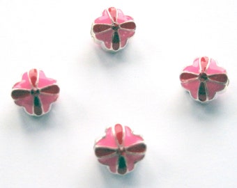 Pink and Red Enameled Large Hole Metal Flower Bead  with Rhinestone Center.  Double Sided Bead.  Garden Theme Bead.