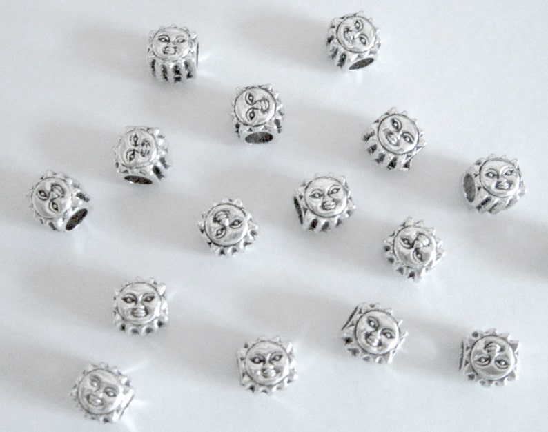 5 Smiling Sun Beads Antique. Large Hole Silver Color Sun Beads. image 3