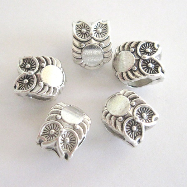 5 Large Hole Owl Beads in Silver Color Metal.  Owl Beads for Add A Bead Jewelry.