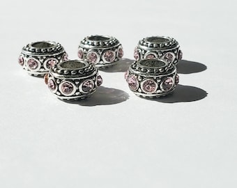 Pink Rhinestone Fancy Metal Big Hole Beads.  Add A Bead Jewelry (5 Pieces)