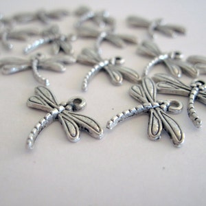May include: A collection of small, silver-colored dragonfly charms. Each charm features detailed wings and a curved body, perfect for jewelry making or craft projects. The charms are scattered across a white surface.