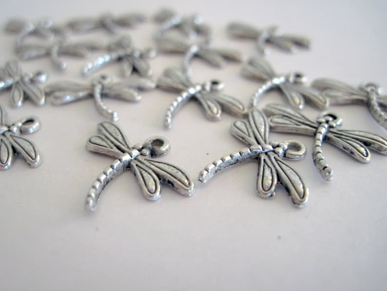 May include: A collection of small, silver-colored dragonfly charms. Each charm features detailed wings and a curved body, perfect for jewelry making or craft projects. The charms are scattered across a white surface.