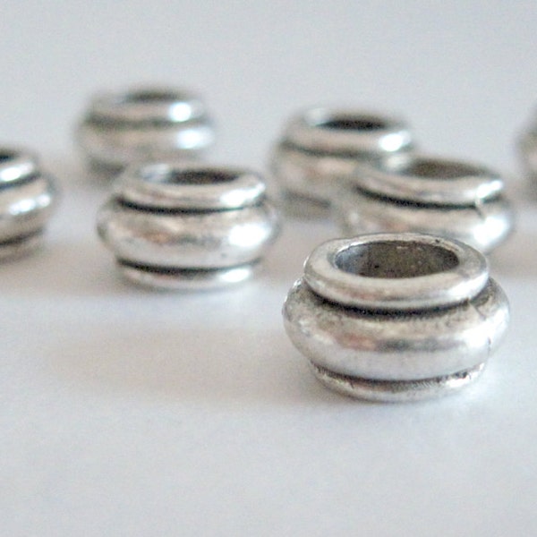 10 Antique Silver Color Large Hole Beads with Beveled Carved Edge Beads for Macrame, Add a Bead Jewelry.