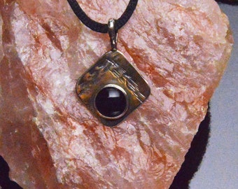 Black Onyx Set On Textured Sterling Silver Rounded Corner Square Pendant