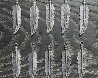 10 Silver Tone Feather Charms