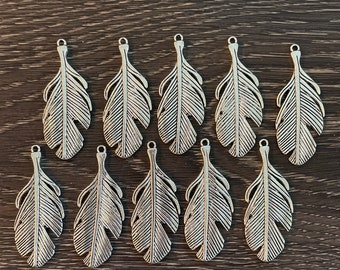 10 Silver Tone Feather Charms