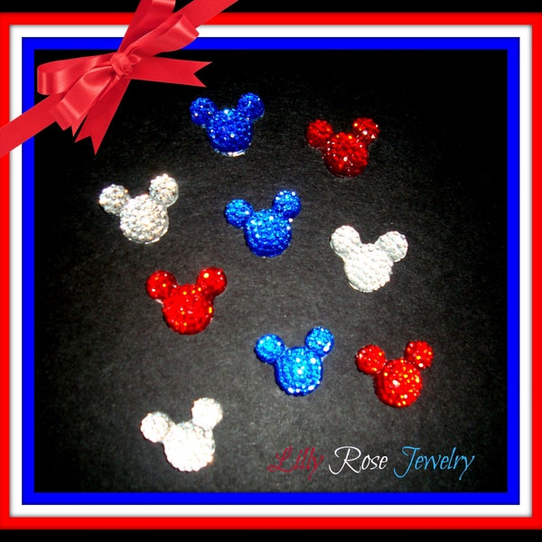 30 Red Silver Blue Glitter Rhinestone Patriotic Mickey Mouse Minnie Mouse Inspired Head Flat Back Resin Cabochon Hair bows 14mm or 1/2 Inch