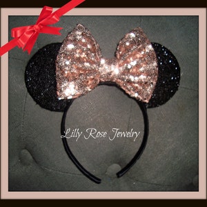 Ready To Ship Sparkly Rosegold and Black Minnie Mouse Ears Inspired with Rose Gold Sequin Bow Fits Adults and Children Rose Gold Minnie Ears