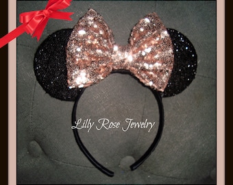 Ready To Ship Sparkly Rosegold and Black Minnie Mouse Ears Inspired with Rose Gold Sequin Bow Fits Adults and Children Rose Gold Minnie Ears