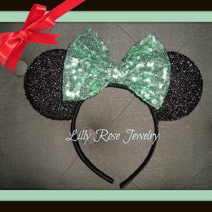 Sparkly Black Minnie Mouse Ears Mickey Mouse Ears Inspired Headband with Mint Green Bow Fits Adults and Children Ready to Ship Sparkle Ears