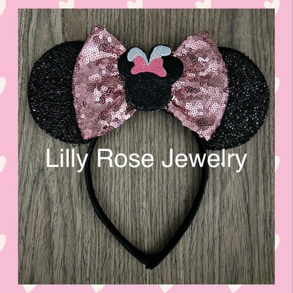 Sparkly Black Easter Minnie Mouse Ears Pink Sequin Bow with Glittery MInnie Bunny Rabbit Head Fits Adults Children Ready to Ship