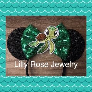 Sparkly Squirt Minnie Mouse Ears Inspired Headband Green Sequin Bow with Squirt the Turtle Embellishment Fits Adults Children Ready to Ship